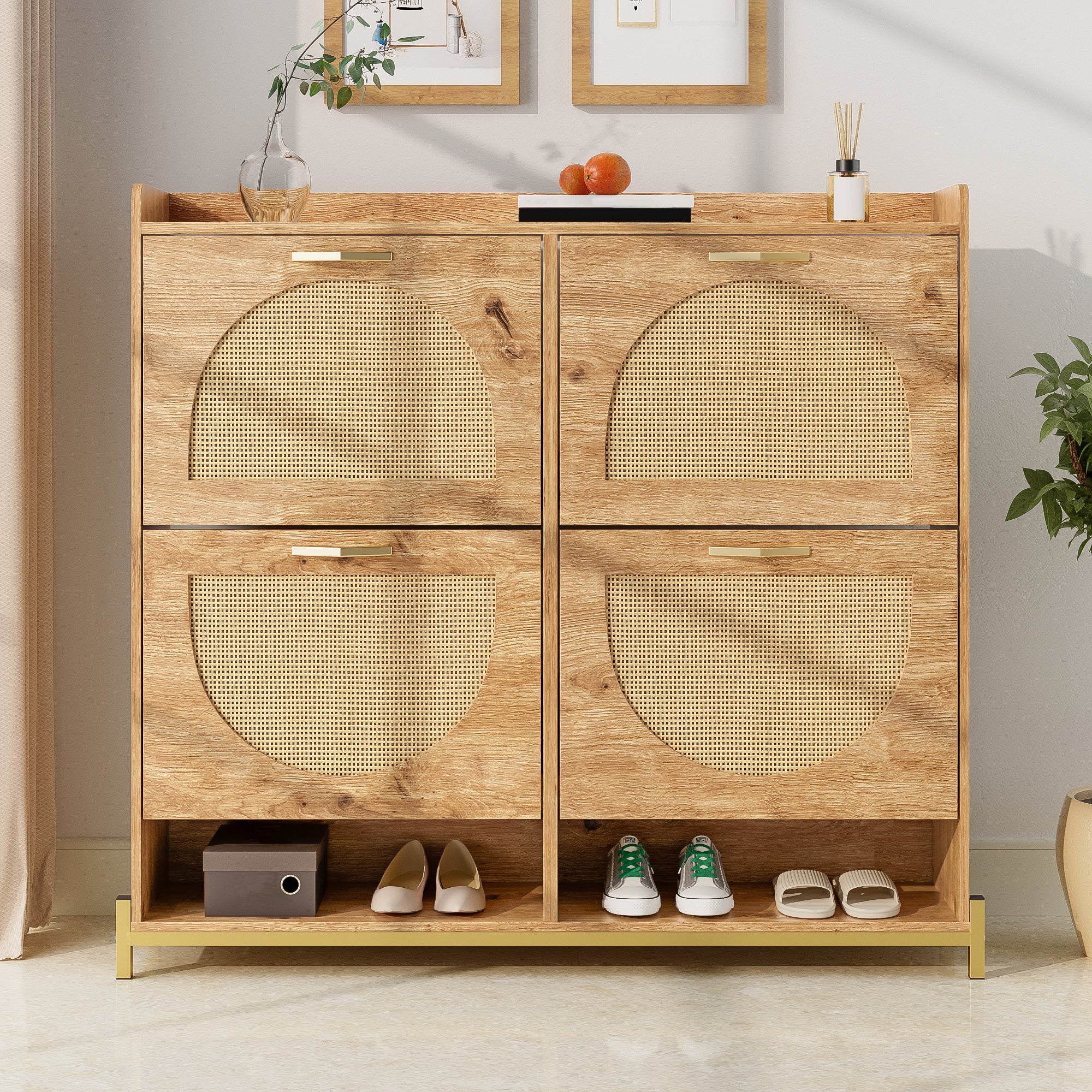 Szafa na buty 108.5x24x100 cm - 4 fronty z rattanu - Konstrukcja metalowa - MDF - Kolor naturalny