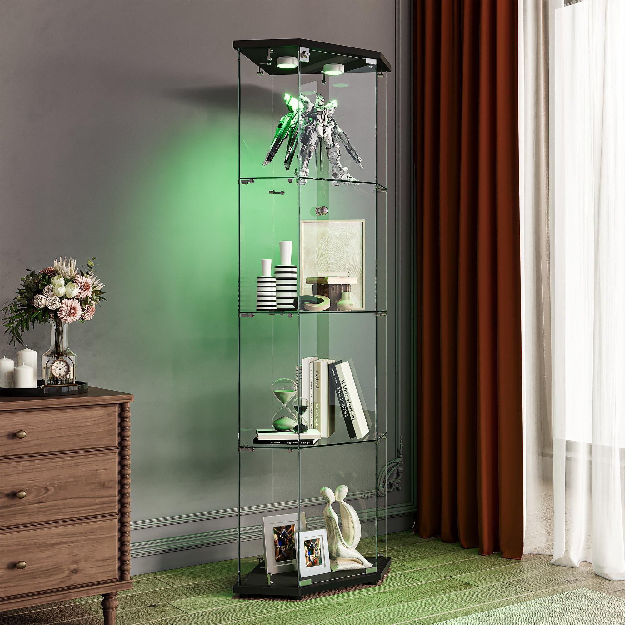 LED Vitrine, Vitrine en Verre, Vitrine pour collection Transparent en verre 4 Couches avec 1 Porte, pour salon et chambre à coucher,cinq angles,noir - 4