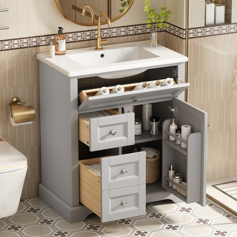 Szafka łazienkowa pod umywalkę pojedynczą, szafka dolna z umywalką ceramiczną - 2 drzwi i 2 szuflady - 76 x 46 x 87 cm - MDF - Szara