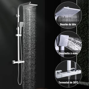 Colonne de Douche Thermostatique Chromé Sans Percement Supplémentaire, Ensemble de Douche Réglable en Hauteur (730-1153mm) Corps en Laiton