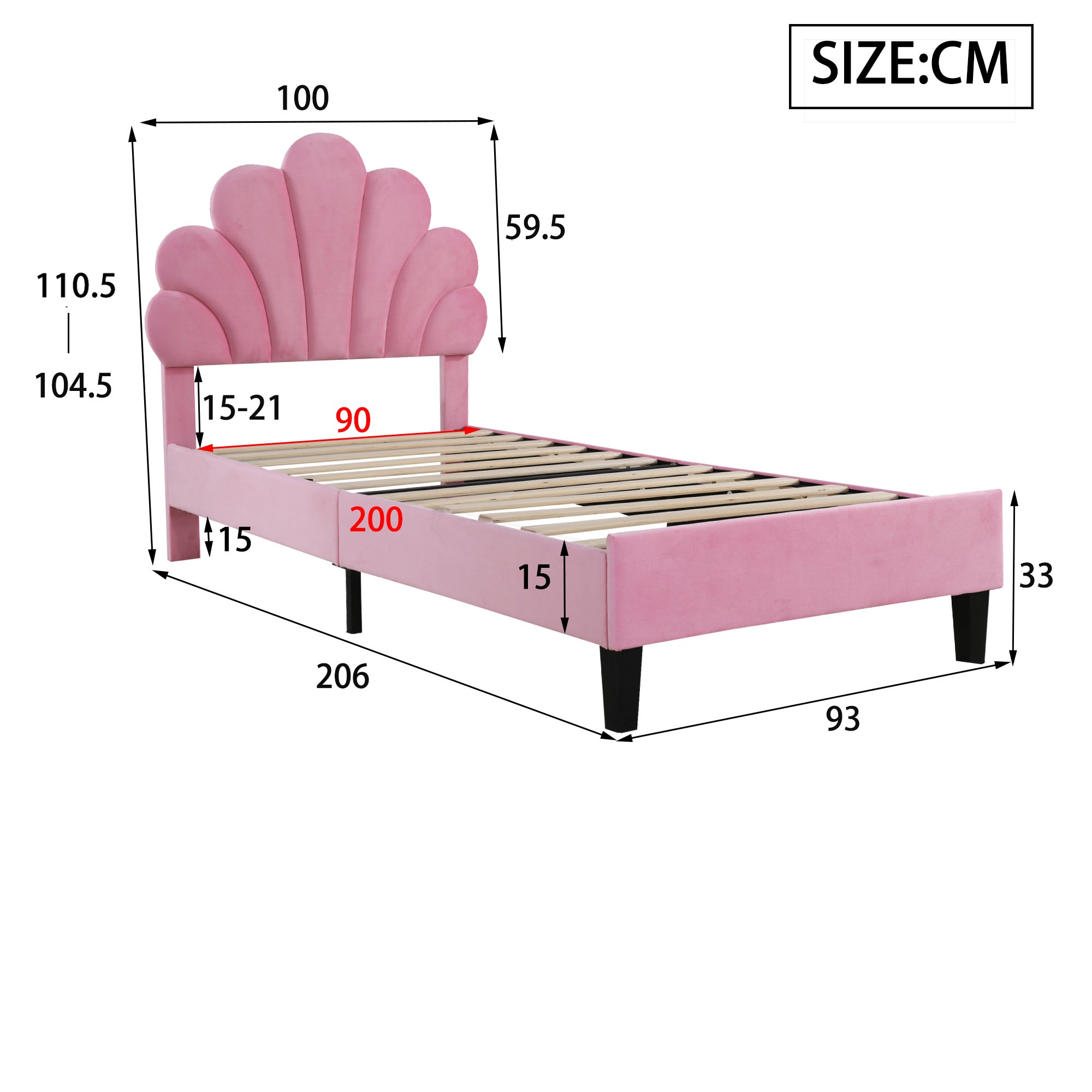 Łóżko proste tapicerowane welurem - 90x200cm - wezgłowie w kształcie kwiatu - z stelażem na listwy - Różowe - 5