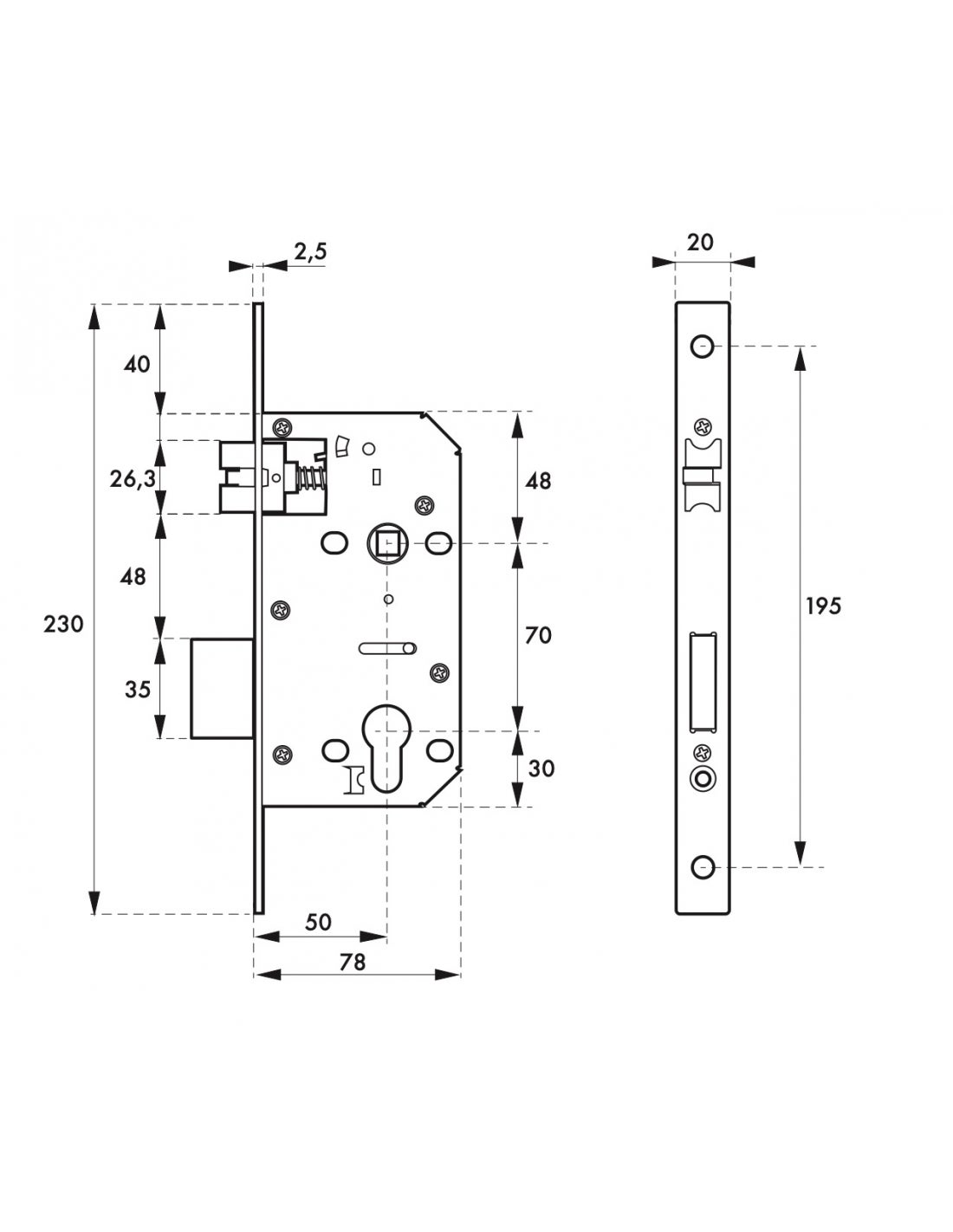 Serrure à encastrer thirard axe 50 entraxe 70 carré 8 tétière bouts carrés - 78940 - 2
