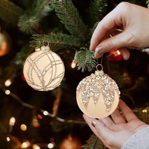 12 palline di Natale bordeaux, palline di Natale in velluto, palline di Natale floccate, decorazioni per albero di Natale glitterate, beige - 6
