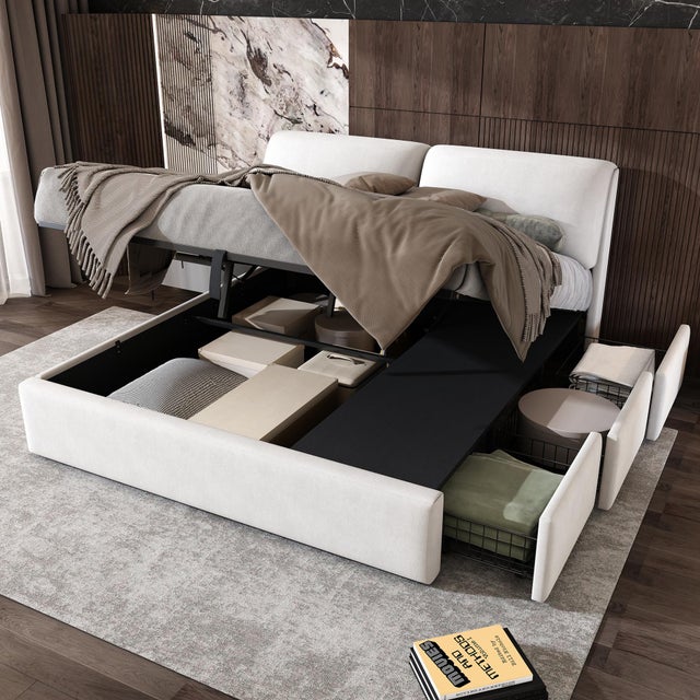 Letto Imbottito con Testata Regolabile, 180*200cm, Design Idraulico, 3 Cassetti di Storage, Rete a Doghe, Tessuto Velluto, Senza Materasso