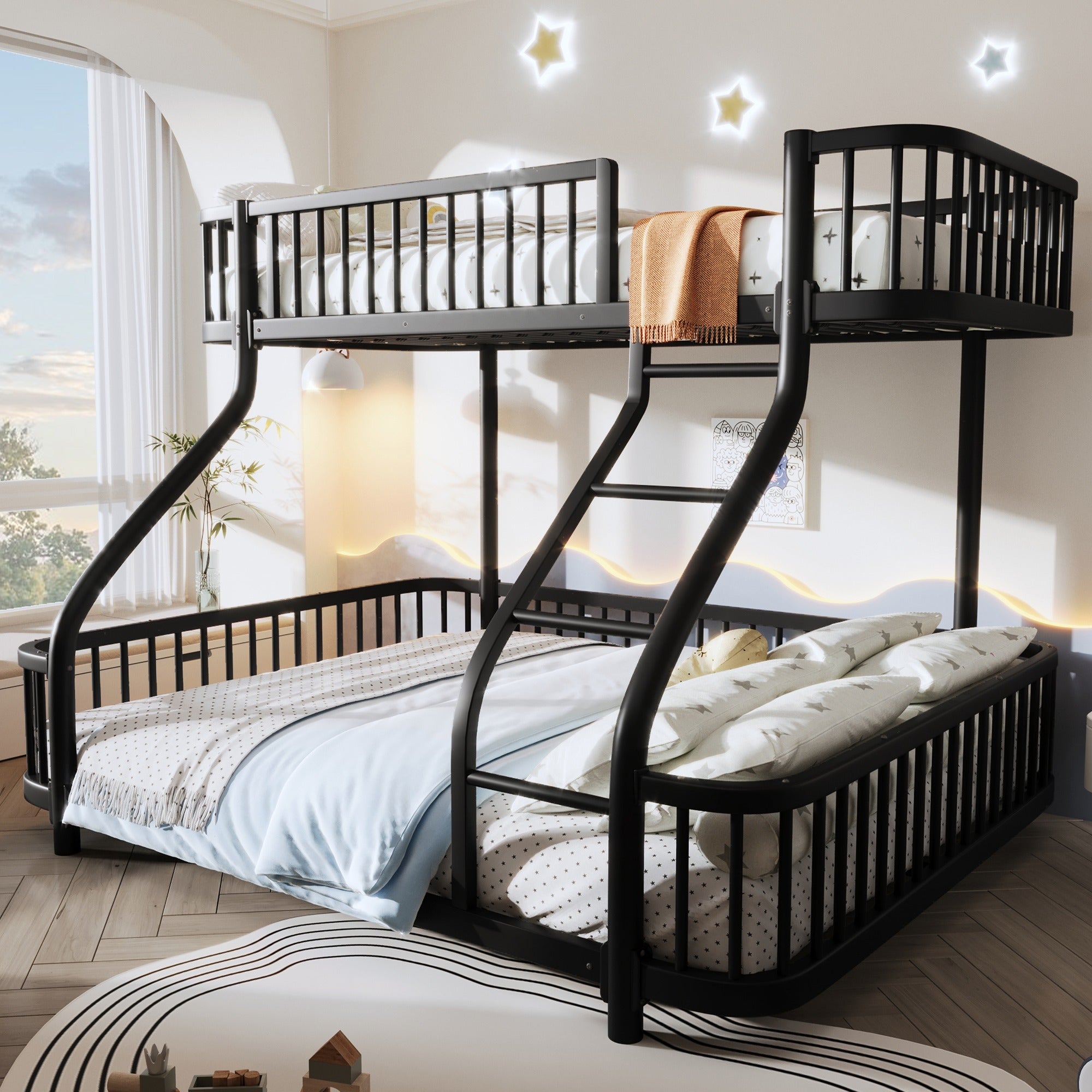 Leroy Merlin Literas Juveniles 3 Personas 90/140X200 Cm,Litera Infantil Con Barrera De Seguridad Y Escalera,Estructura De Hierro,Para Adolescentes Y Niños, Negro 