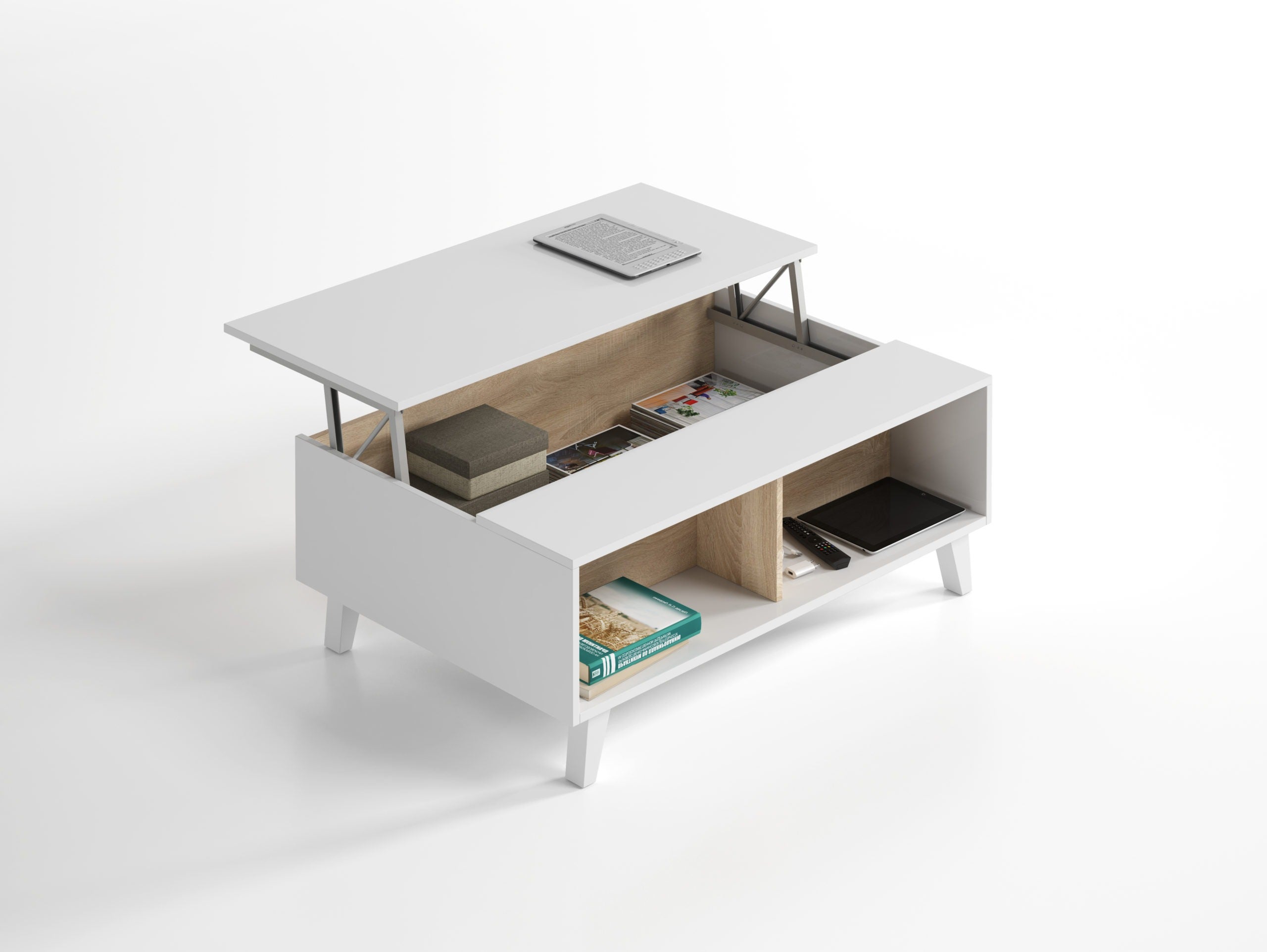 ZAIKEN PLUS Table basse scandinave blanc brillant et decor chene - L 100 cm - 7