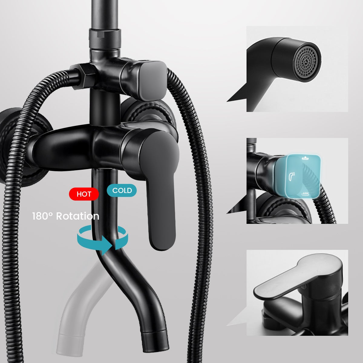 Columna de ducha con grifo Rociador de ducha, Altura regulable H.81-119 cm, Negro, Baño - 8