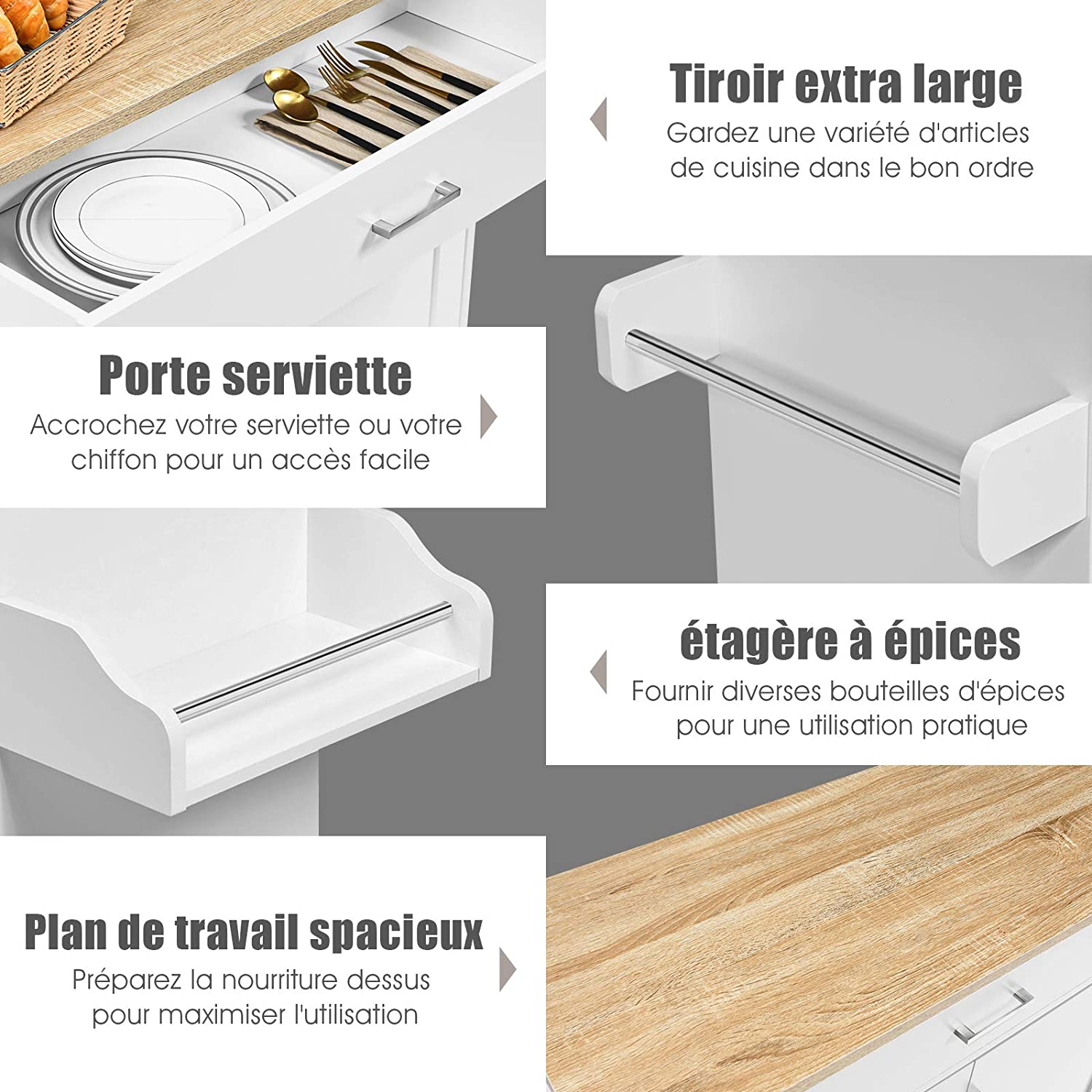 Wózek kuchenny z wieszakiem na ręczniki i półką na przyprawy, wyspa kuchenna z szufladą i półką z regulacją wysokości, szafka kuchenna na kółkach - 4