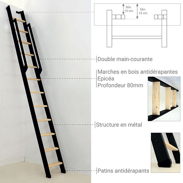 Echelle de meunier rabattable noire 8 marches - Hauteur sol à sol 1.99m - Largeur 36cm - STRONG-200 - 3