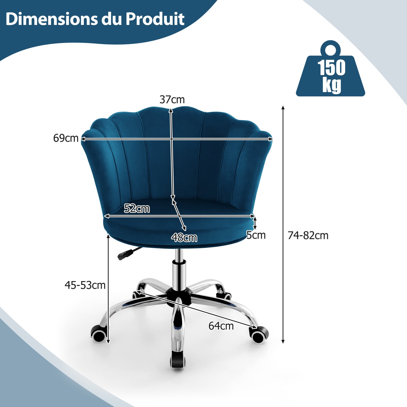 Fauteuil de Bureau en Velours avec 5 Roues Universelles, Chaise de Coiffeuse(Bleu) - 3