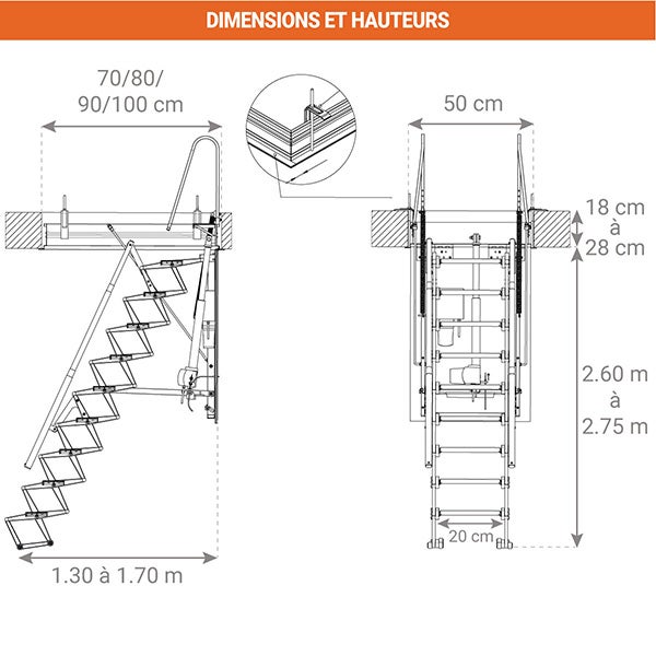 Escalier Grenier Accordéon - Trappe 50x70cm - Hauteur 2.42 à 2.75m - ACI-SVE275/70X50 - 2