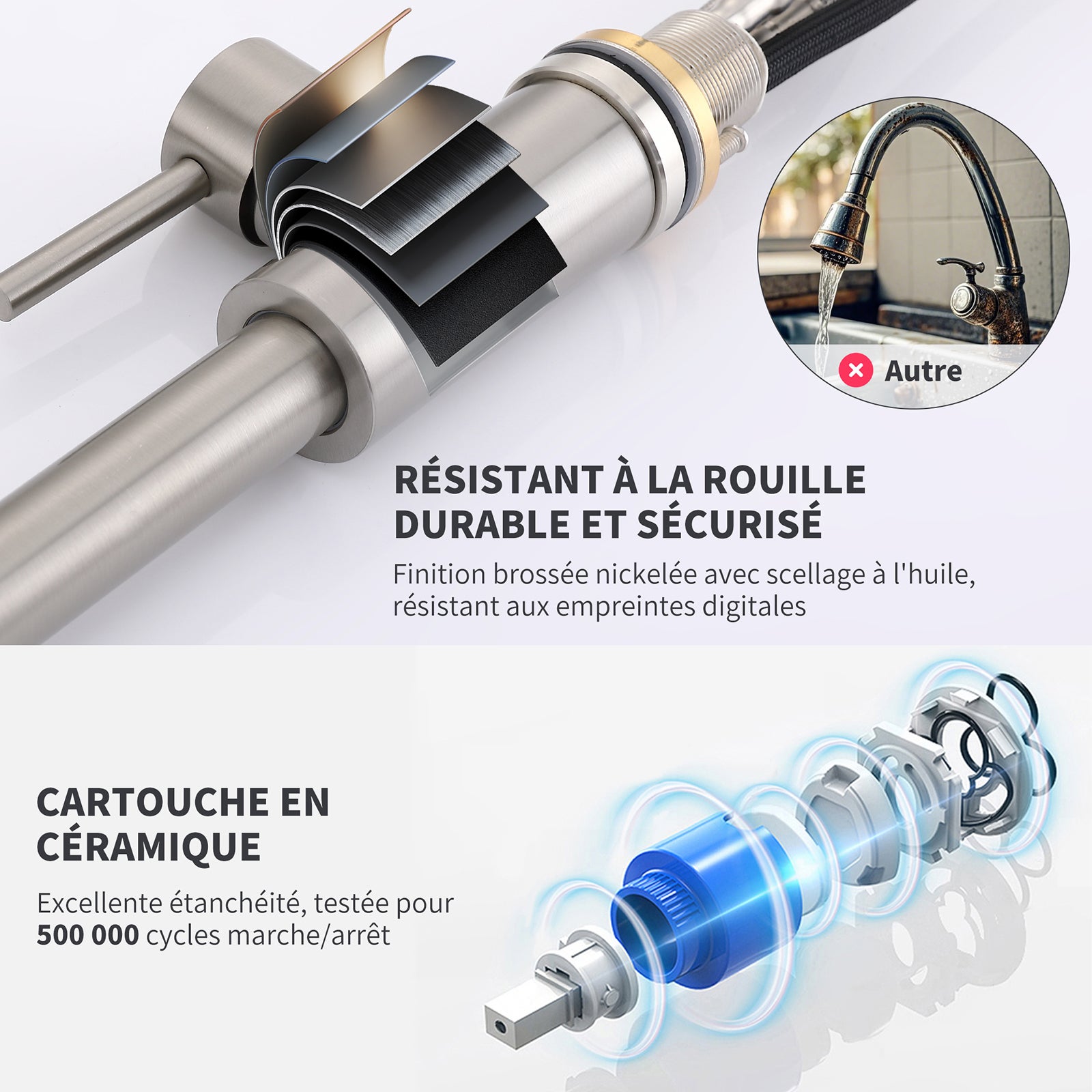 Mitigeur Cuisine en Inox avec Affichage Température LED, Robinet Évier Brossé Pivotant à 360° avec Douchette Extractible et 2 Modes de Jet - 5