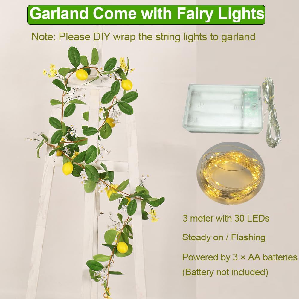 Couronne de citron artificielle avec guirlandes lumineuses, guirlande artificielle, fausses plantes suspendues avec guirlandes lumineuses, 1 paquet - 2