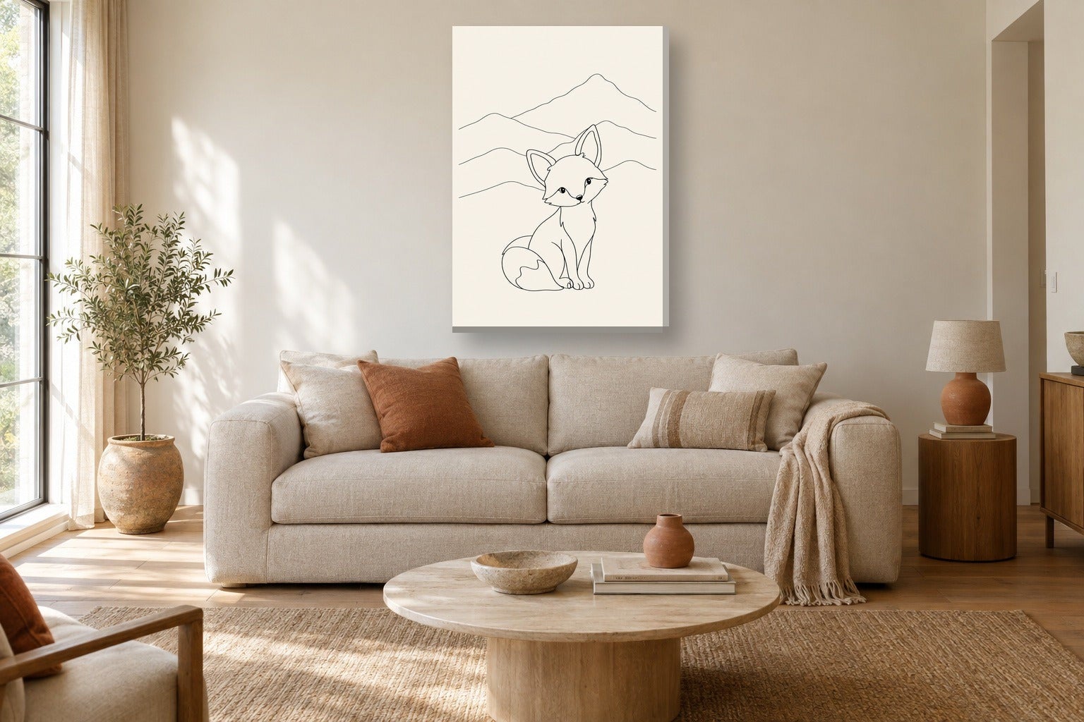 Quadri bambini «Montagne e volpe, line art» in poster con cornice nera ...