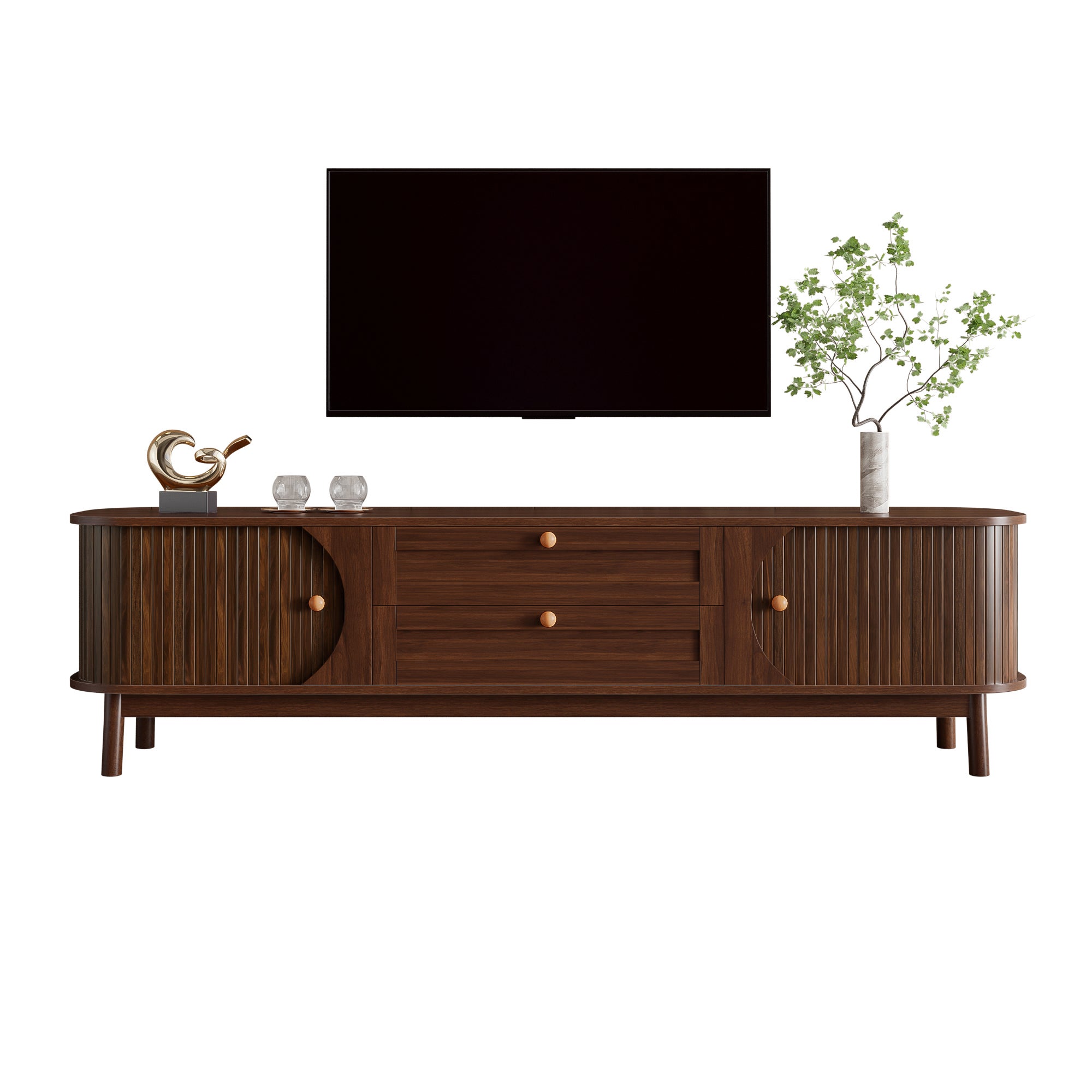 Nowoczesna szafka RTV z 2 drzwiami przesuwnymi i 2 szufladami - 170 x 39,5 x 46 cm - MDF i nogi drewniane - orzech