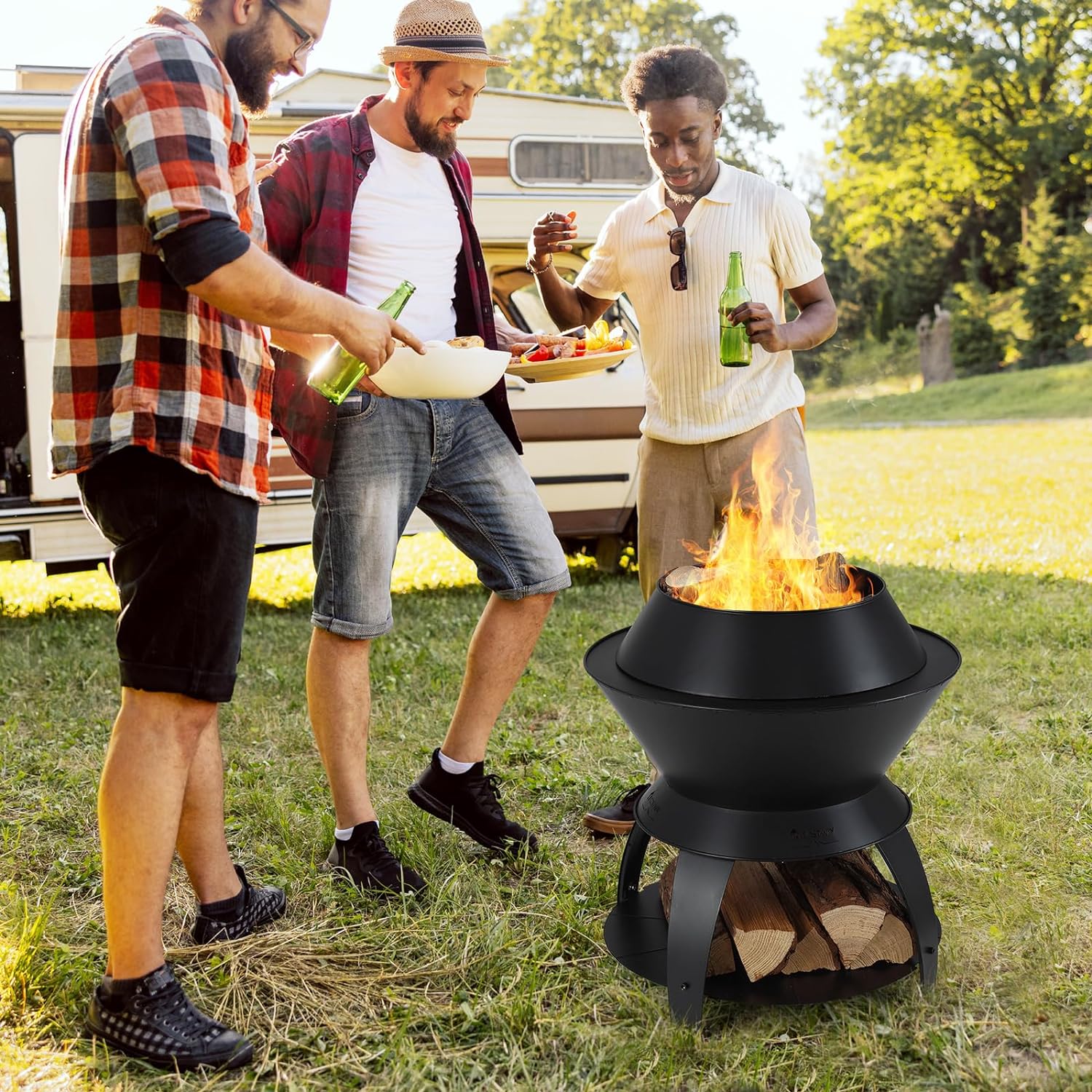 Brasero Foyer de Terrasse 3 en 1 de 50CM, Bol de Feu de Camping en Métal avec Support de Casserole et Étagère de Rangement - 8
