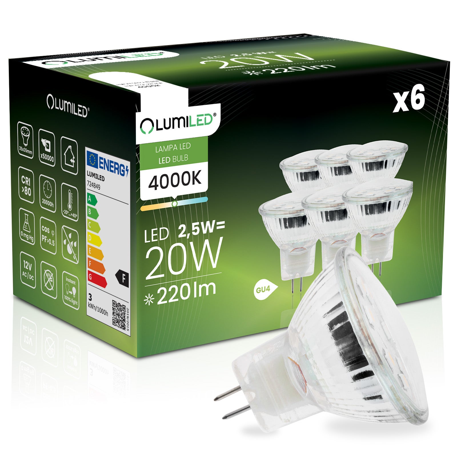 Żarówka LED Lumiled GU4 Reflektor MR11 220lm 4000K Neutralna biel 120st 12V 6 szt.