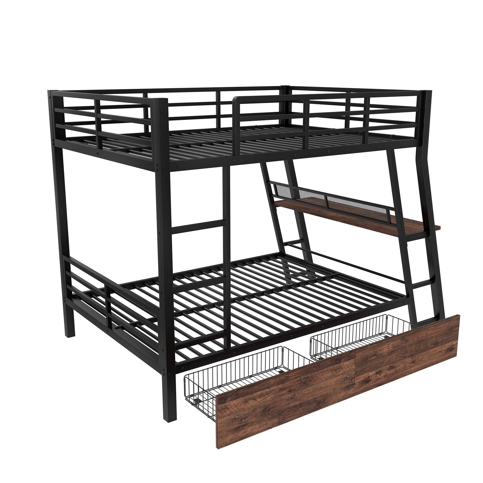 Lit Superposé 4 Places 140x200 Métal Noir avec LED,Tiroirs de rangement,Bureau,Escalier et Sommier à Lattes,Lit Enfant Mezzanine(Sans Matelas) - 6