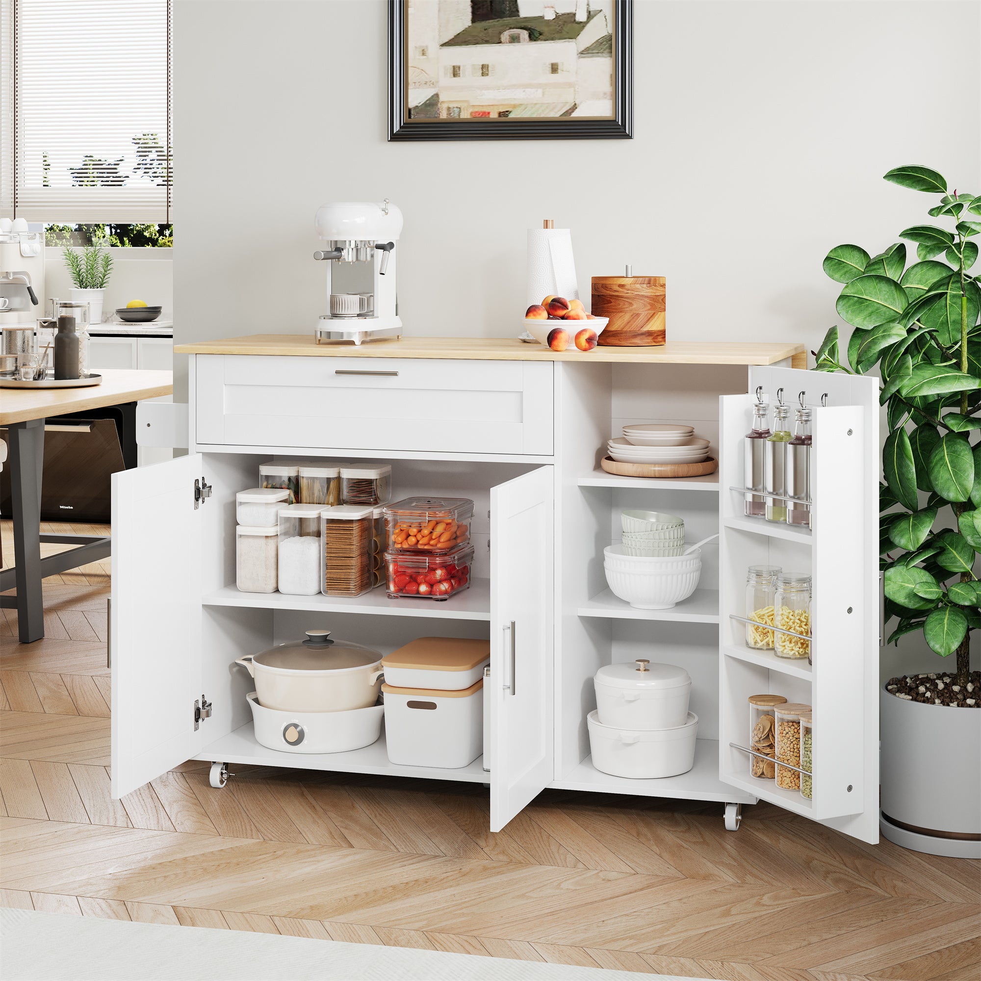 Ilot central de cuisine mobile avec 3 portes et 1 tiroir - Plateau extensible - 132.5x44(70)x90 cm - Bois MDF - Blanc et naturel - 6