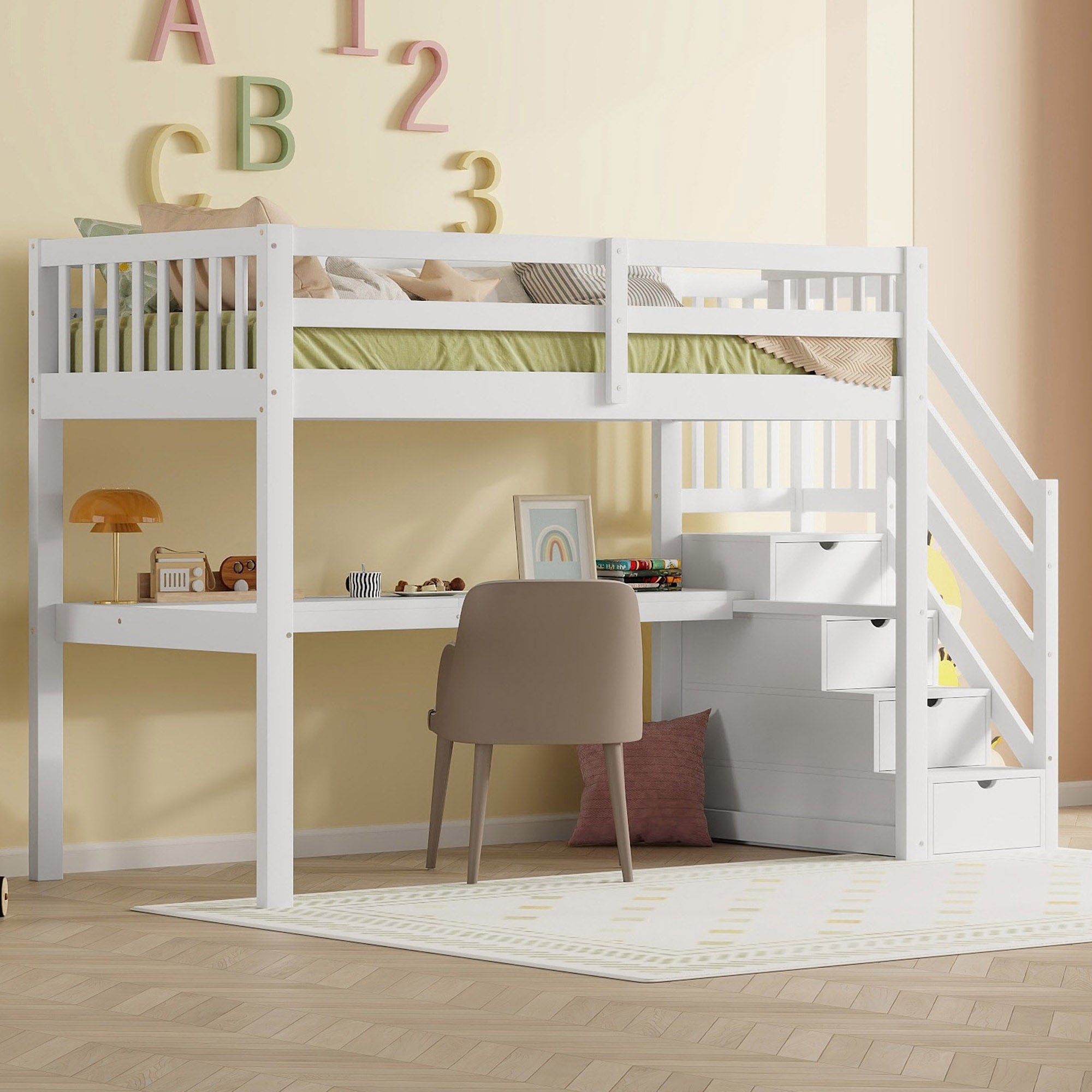 Lit mezzanine enfant 90 x 200 cm avec tiroirs de rangement et bureau sous le lit, blanc - 4