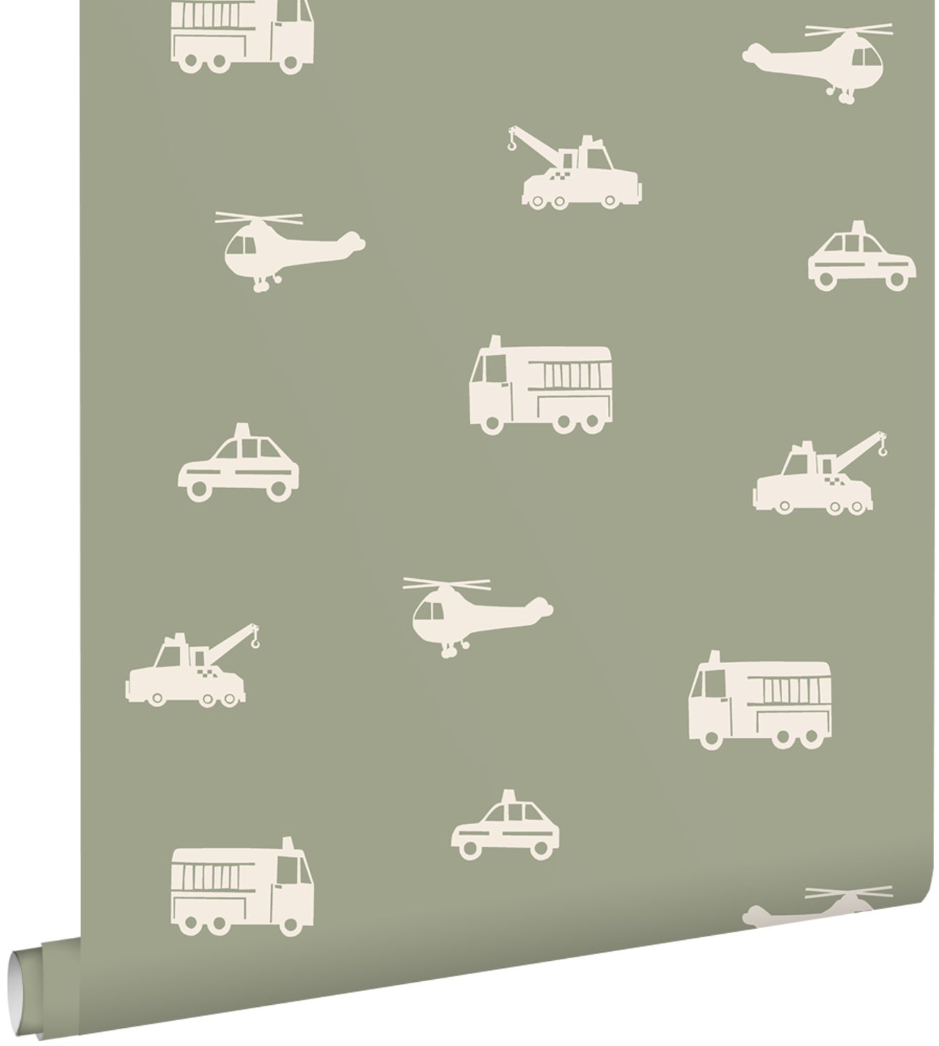 Tapeta samochody, wozy strażackie, helikoptery i dźwigi szaro zielonym - 50 x 900 cm - ESTAHOME