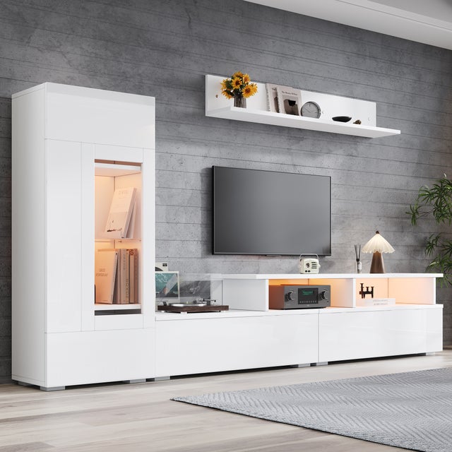 Mueble TV + 1 vitrina + 1 estante de pared - 220 x 35 x 120 cm - LEDs - Tablero de partículas - Acabado lacado alto brillo - Blanco