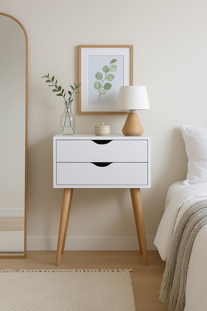Conjunto de Dormitorio Blanco – Cabecero de 168 cm + 2 Mesitas de Noche con Patas de Madera de Haya – Estilo Nórdico Moderno en Melamina de Alta Calid - 3