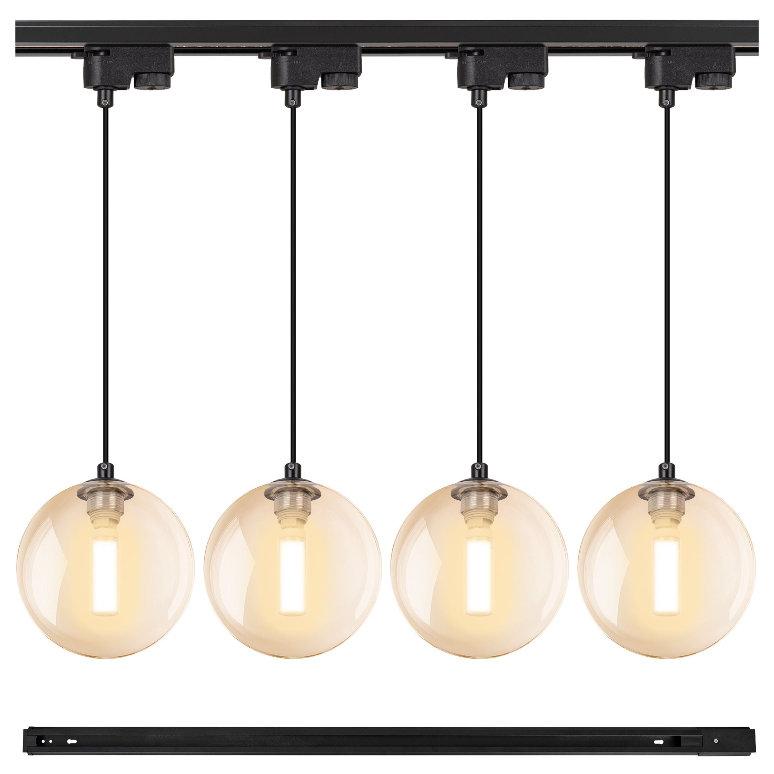 Lampa szynowa wisząca 4x BURSZTYNOWA KULA klosz G9 + Listwa szynoprzewód 1m Oprawa szklana z kablem OZDOBNA - LEDHOFF