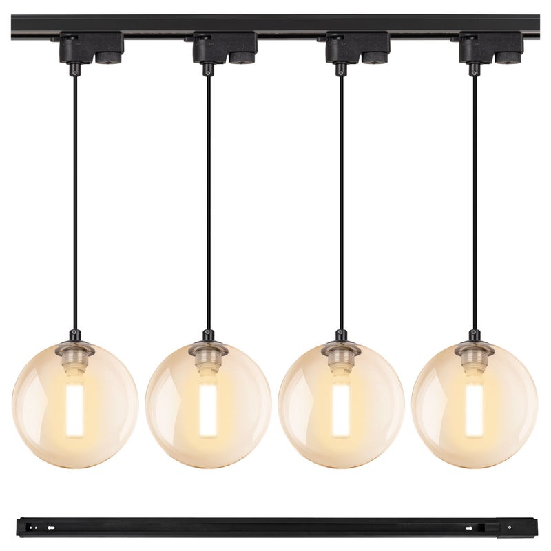 Lampa szynowa wisząca 4x BURSZTYNOWA KULA klosz G9 + Listwa szynoprzewód 1m Oprawa szklana z kablem OZDOBNA - LEDHOFF