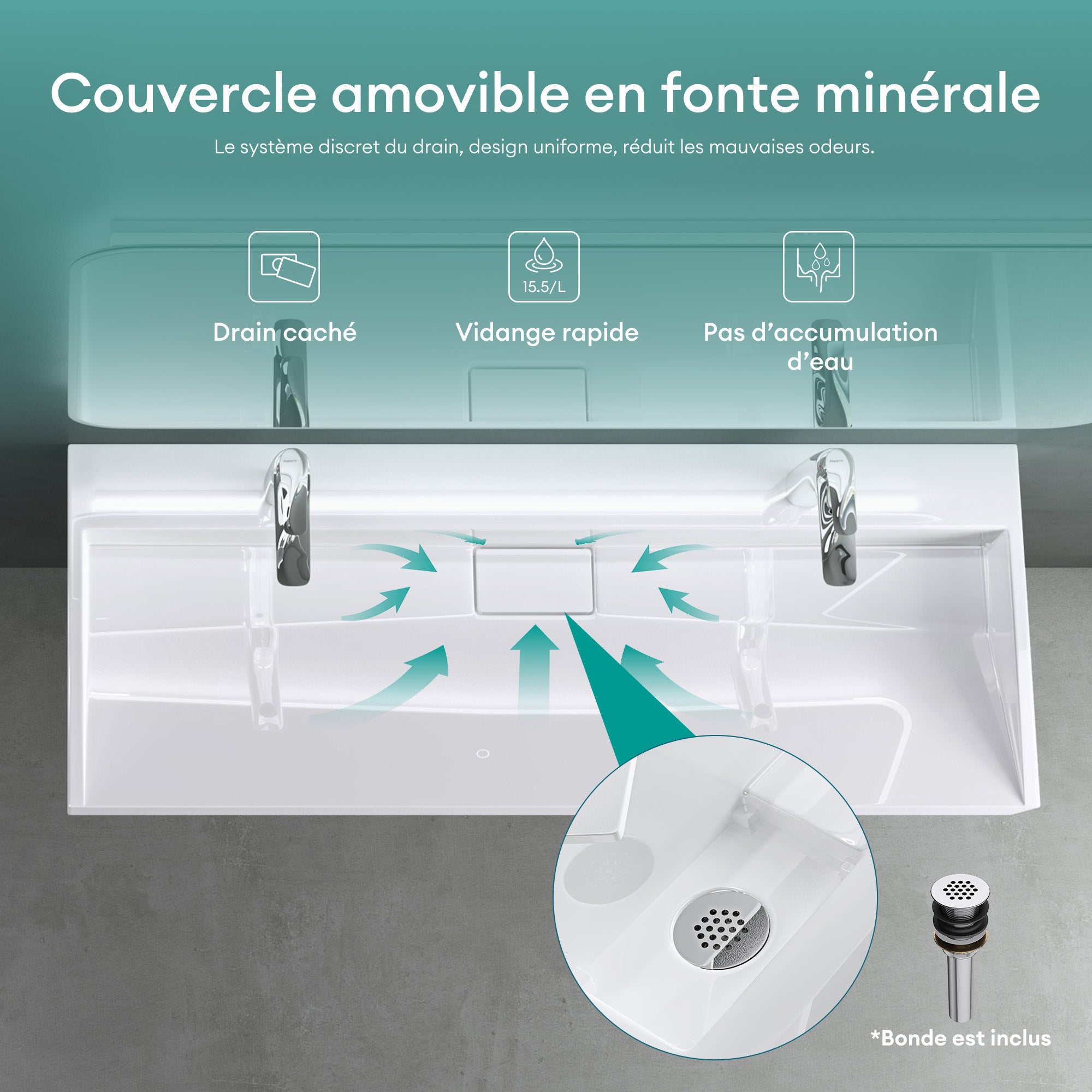 Mai & Mai Lavabo Suspendu Blanc 120x46x11cm Vasque à Poser Rectangulaire avec Perçage pour Robinet avec Bonde et Cache Bonde Col19 - 3
