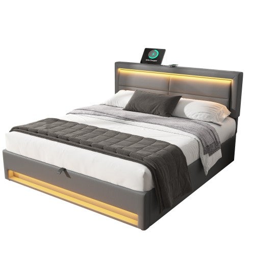 Lit coffre 140x190 cm,lit rembourré -port usb+éclairage led+ grand espace rangement - sans matelas-gris - 9