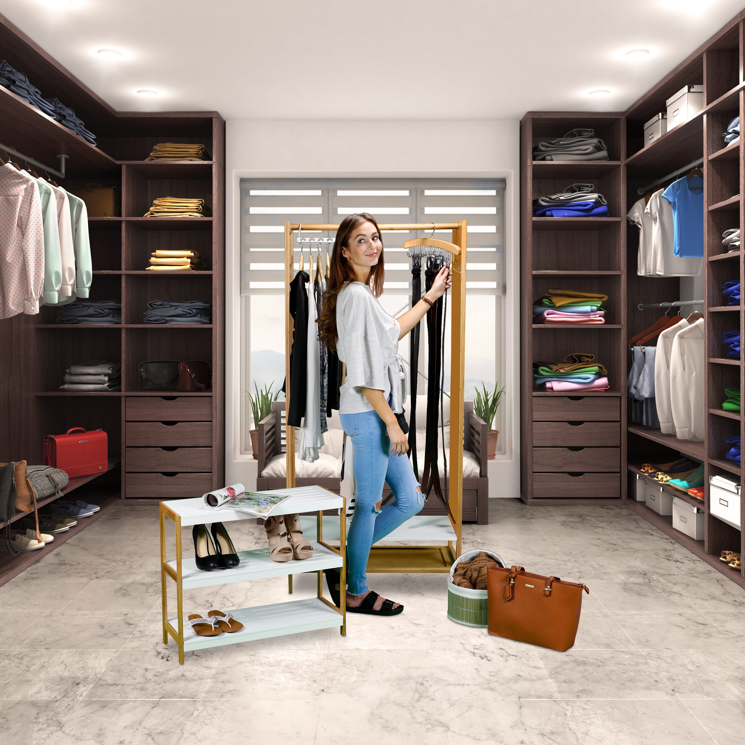 Relaxdays Cintre porte ceintures pour 12 ceintures cravates foulard bois lotus 17x43x5 cm, nature/argent - 2