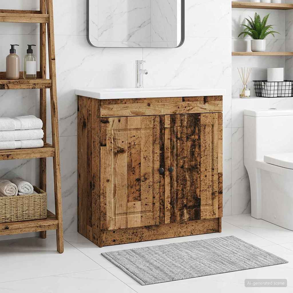 Mueble bajo fregadero, madera envejecida, para baño