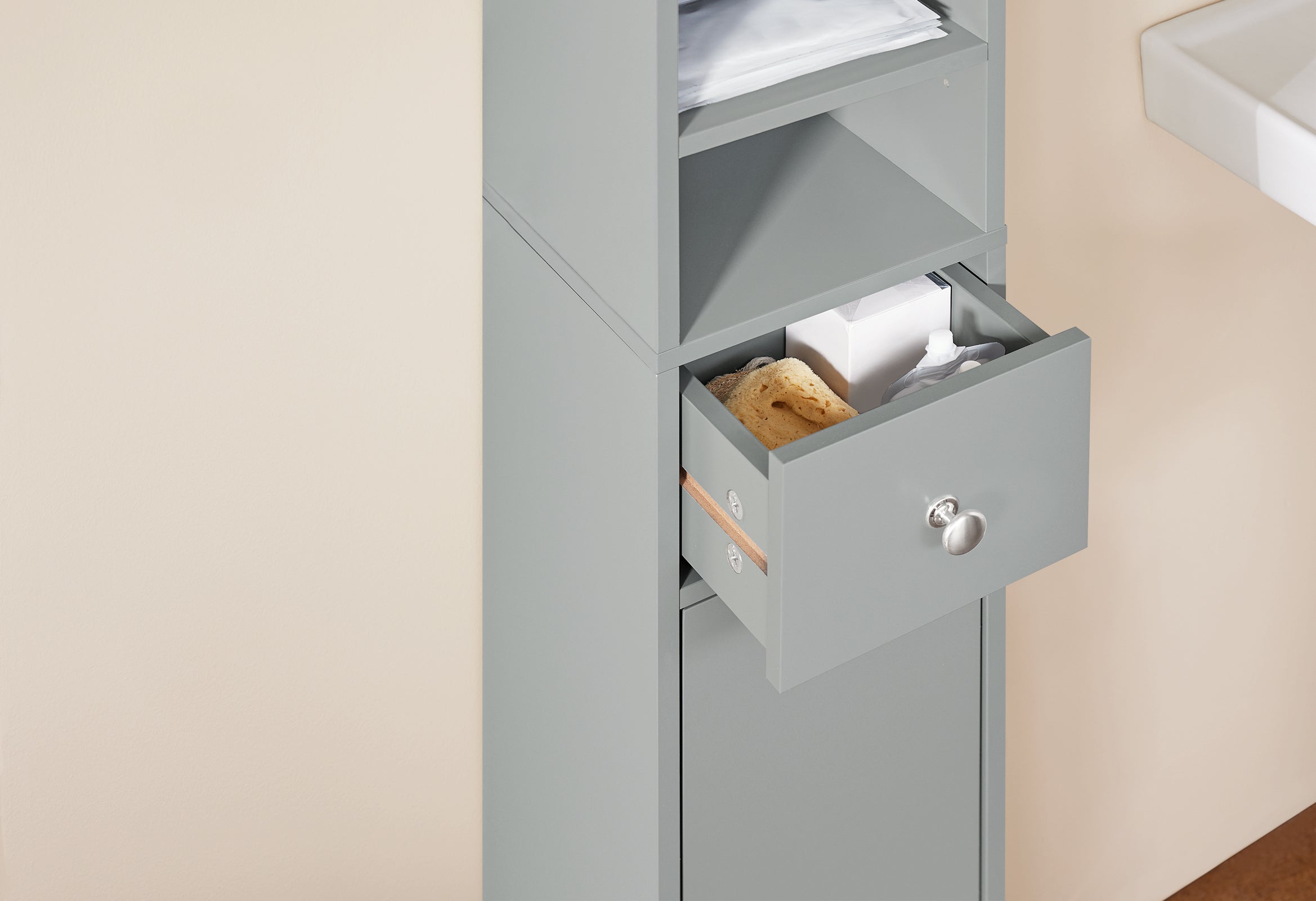 Armadio Colonna bagno, Mobile bagno alto con 2 Ante e 1 cassetto altezza: 180 cm SoBuy Grigio BZR34-HG - 7