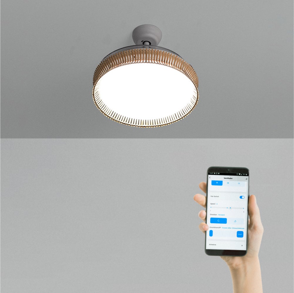 CREATE - WIND CLEAR RATTAN - Cichy wentylator sufitowy o mocy 40 W z wysuwanymi łopatkami o średnicy 108cm i oświetleniem LED 36W -