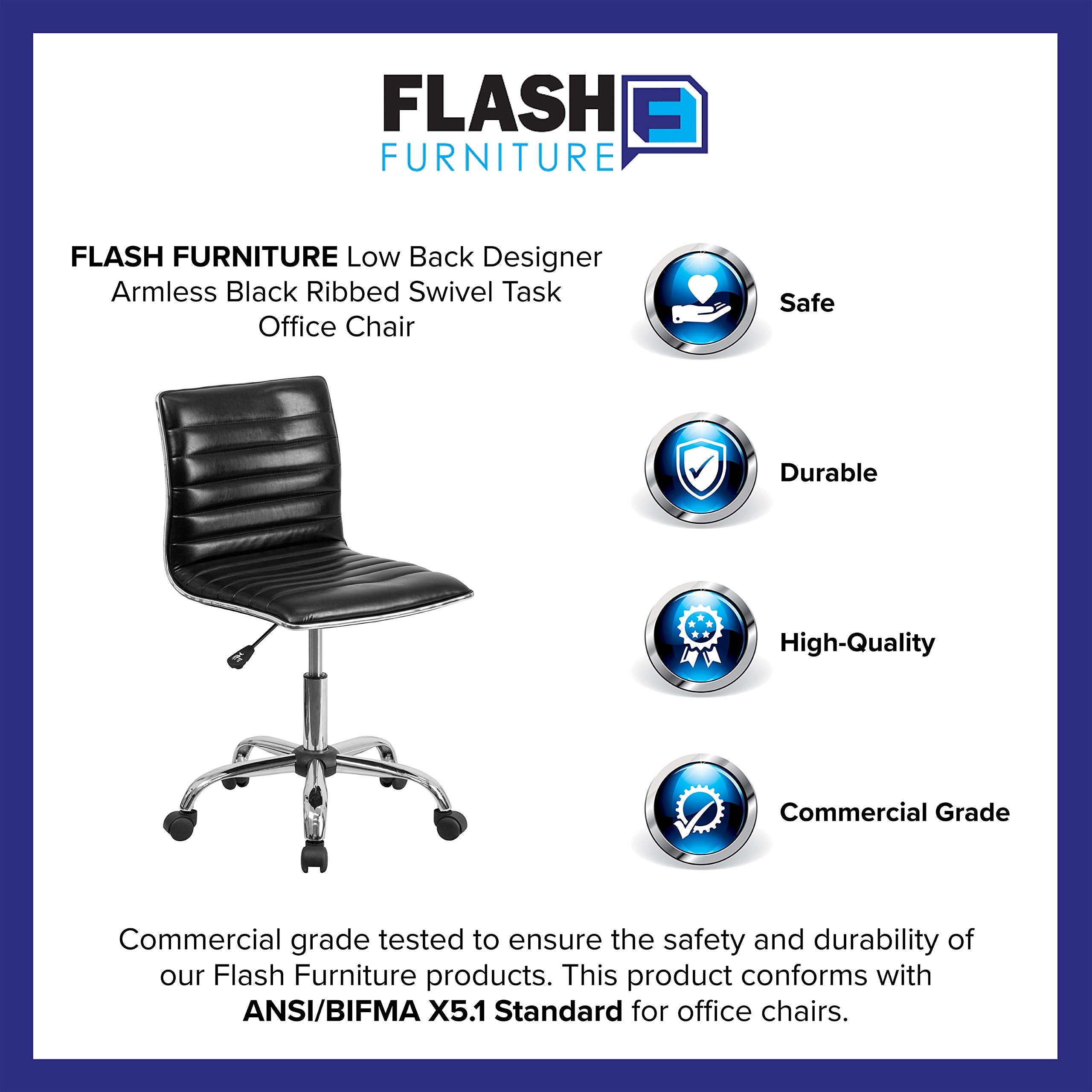 Flash Furniture Sedia operativa di design, da ufficio, a coste, girevole, senza braccioli, schienale basso, in metallo, vinile nero/telaio cromato, se - 4