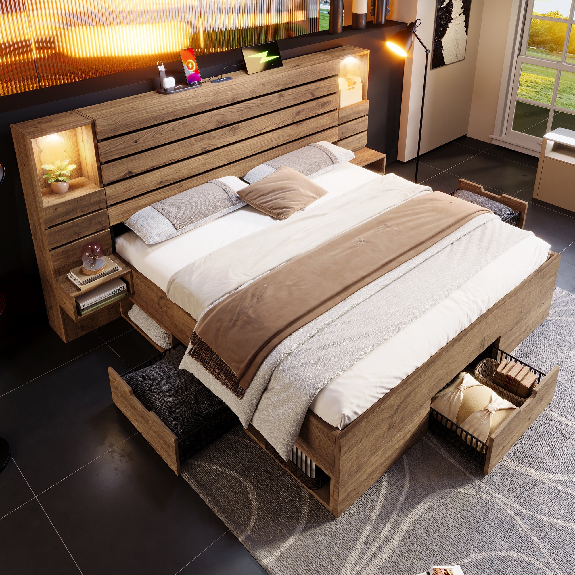 Lit en Bois Massif 160x200 cm, Lit Double avec Éclairage LED, avec USB Type-C, lit de Rangement avec 3 tiroirs et Tables de Chevet (sans Matelas) - 2