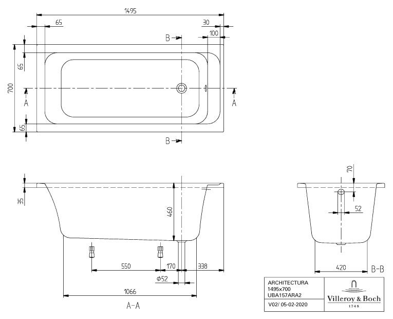 Baignoire droite 150 X 70 VILLEROY ET BOCH Architectura acrylique - 8