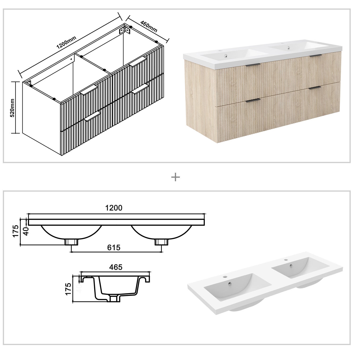 AICA Meuble de salle de bain mural Chêne 120 cm - 4 tiroirs, lavabo inclus - 3