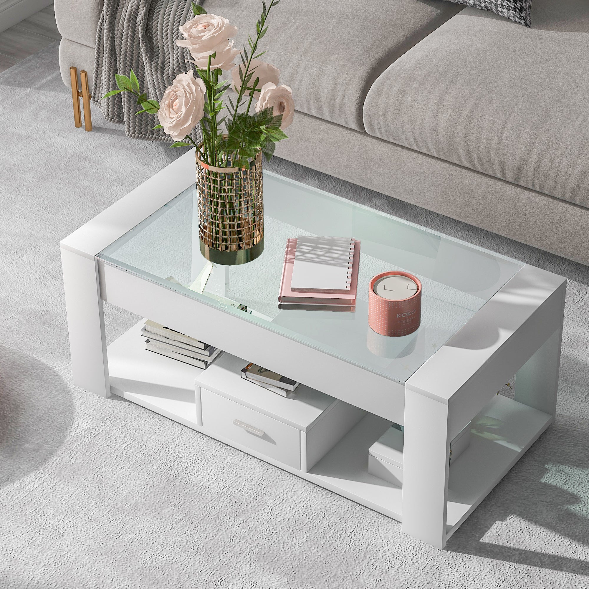 【WF287742AAA】Table basse de salon avec plateau en verre, casiers et rangement, blanc 100 x 50 x 40 cm - 3