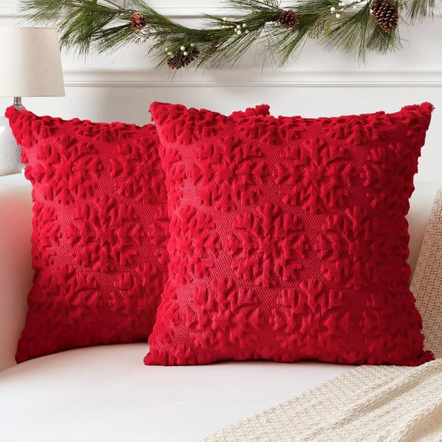 30 x 50 cm Lot de 2 Doux Peluche Laine Courte Velours Décoratif Housses de Coussin Luxe Style pour Canapé Chambre - Flocon de Neige Rouge