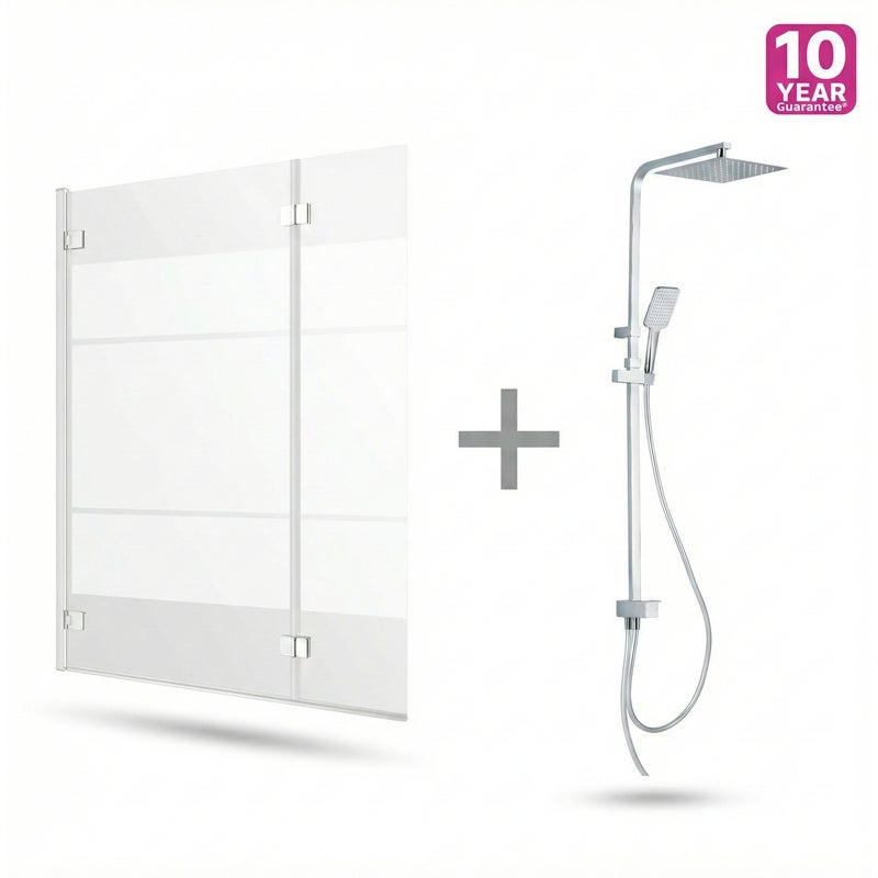 Zestaw Parawan Nawannowy Składany 3-Częściowy 125cm + Kolumna Natryskowa Kwadratowa Bez Baterii - Szkło z Nadrukiem - Deszczownica - Podłączenie do