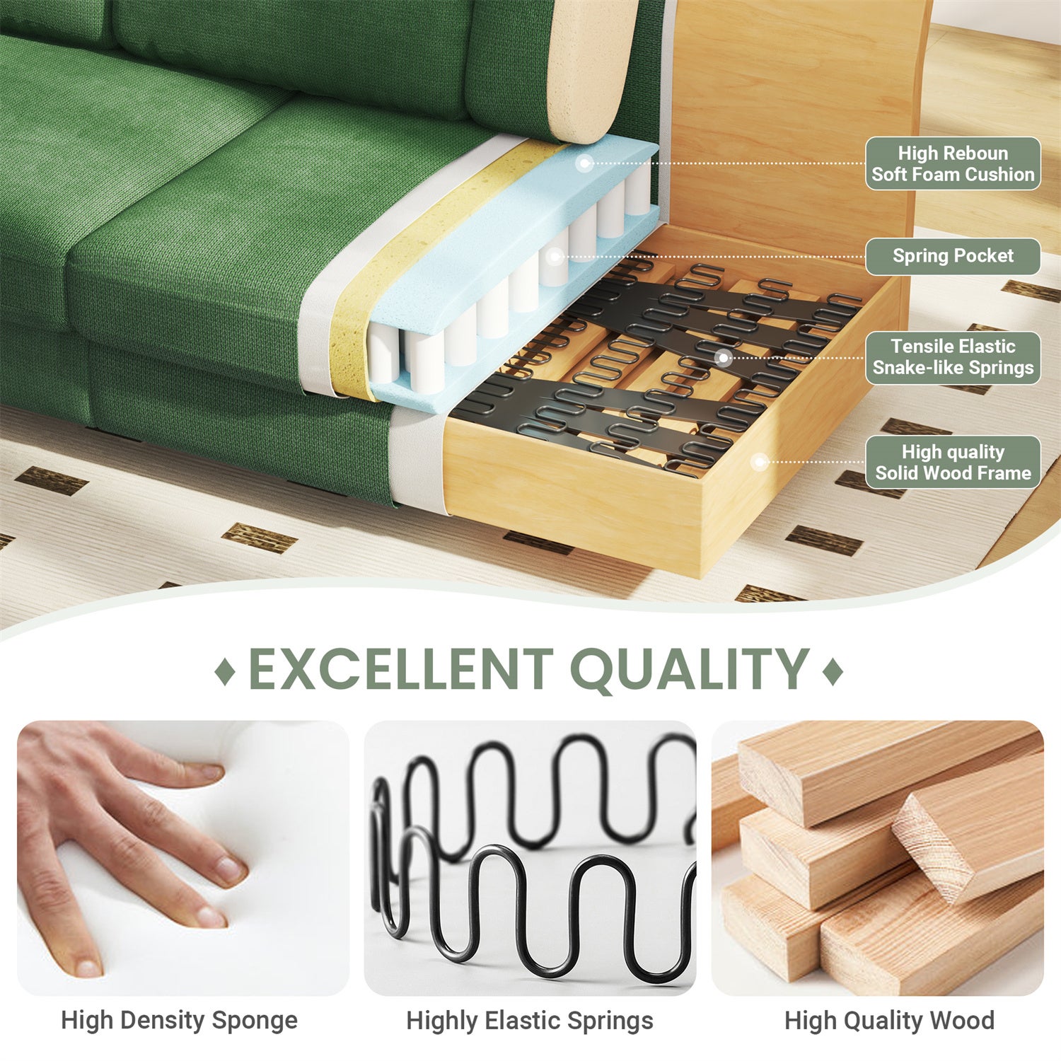 Grand Canapé 3 Places en Chenille Vert avec accoudoirs,coussins et oreillers,Canapé Scandinave pour le salon,220×74×86cm - 5