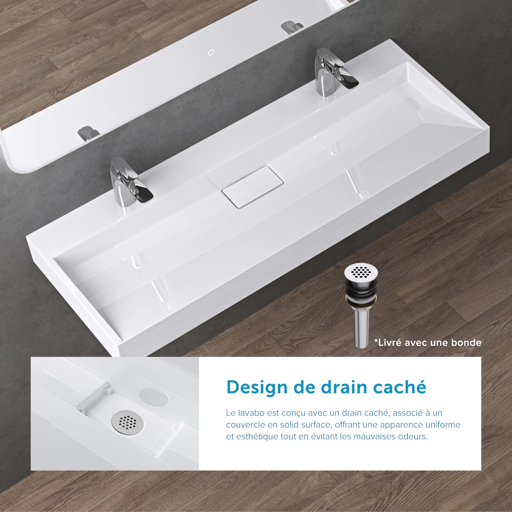 doporro Lavabo Suspendu avec Bonde Vasque à Poser Blanc 120x46x11cm Lave Mains Rectangulaire Colossum19 - 3