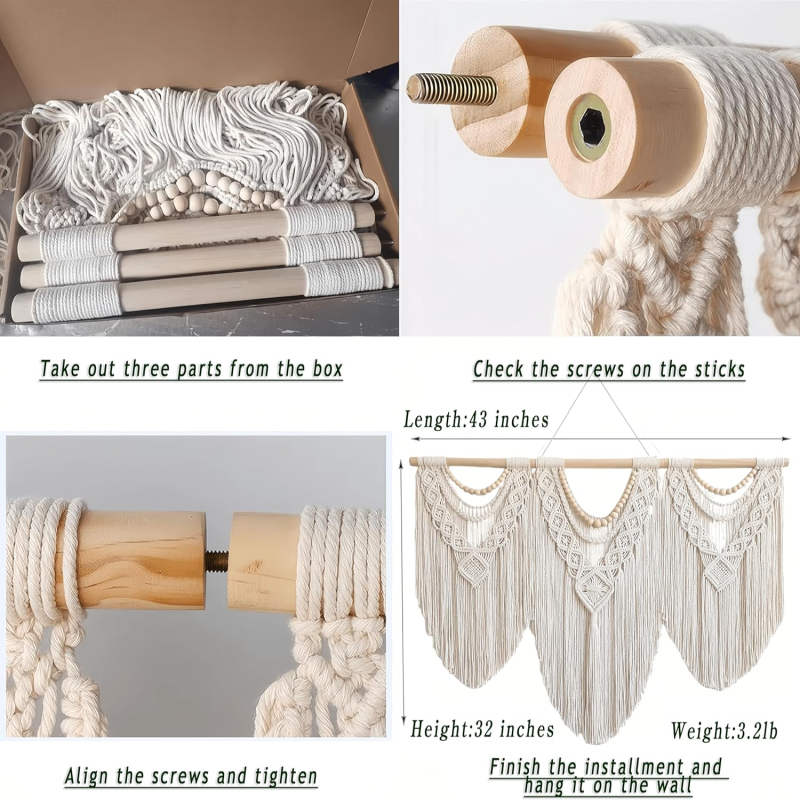 Tenture murale macramé bohème, Fait main en coton ivoire, Grand décor pour salon, chambre et mariages, Avec perles en bois beiges - 3