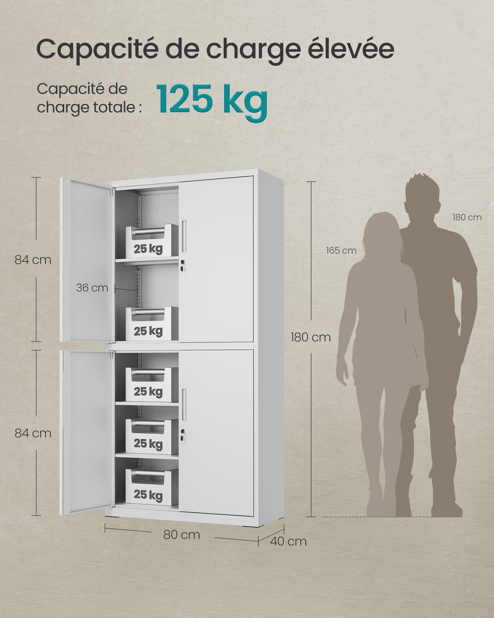 Armoire de Garage à 5 Étagères avec 4 Portes, Armoire de Bureau, 40 x 80 x 180 cm, 2 Serrures, Étagères Réglables, en Métal, Blanc Mat - 5