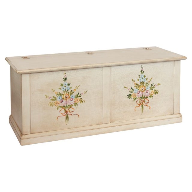 CASSAPANCA BAULE IN LEGNO SHABBY CHIC AP BIANCO ANTICATO DECORATO CON FIORI