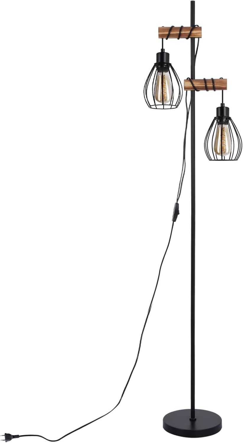 NETTLIFE lampadaire salon lampadaire noir : lampadaire bois métal industriel e27 lampadaire 2 lumières avec abat-jour cage 152cm (sans ampoule) - 9