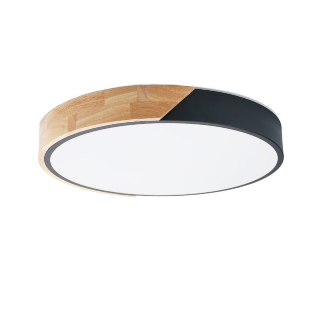 Plafon LED Circular Ø40cm, 30W, 3000LM, Metal Preto e Madeira, Luz Selecionável (3000K-4000K-6000K)