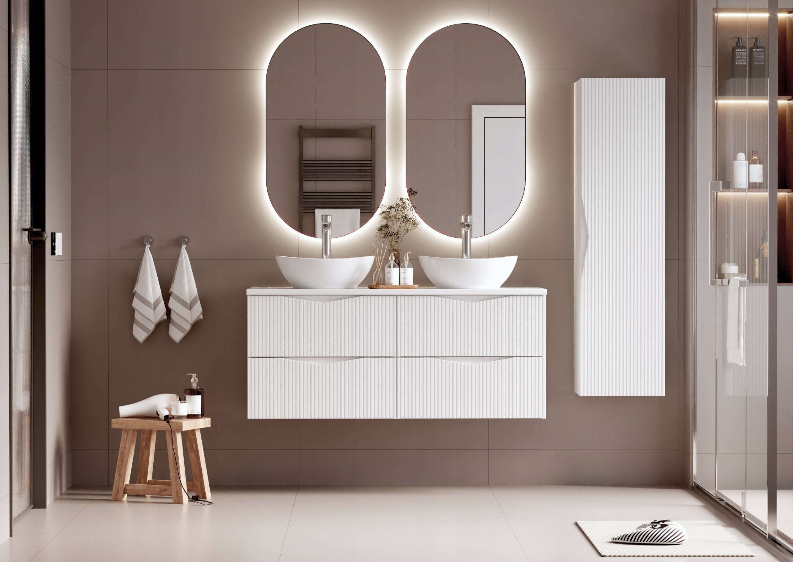Słupek łazienkowy CLEO 160 cm biały wiszący z półkami ryflowane fronty MDF - 9